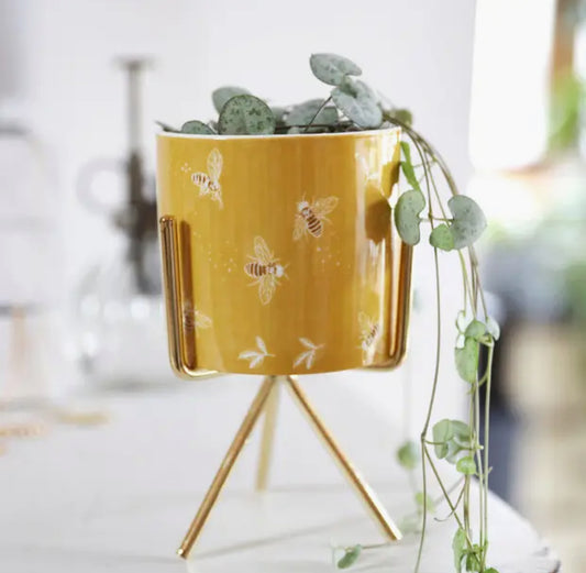 Yellow Bee Print Mini Planter and Stand