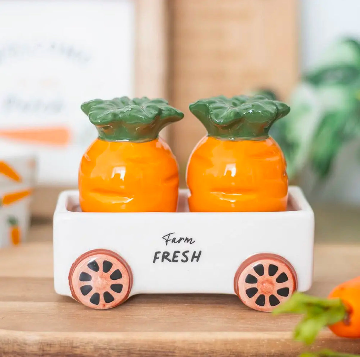 Carrot Patch Salt and Pepper Shakers in Wagon