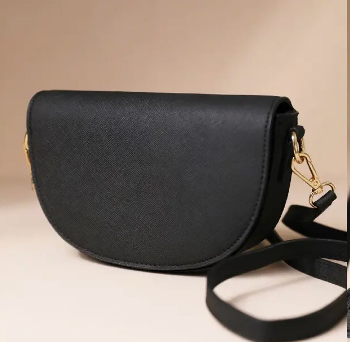 Vegan Leather Half Moon Crossbody Bag in Black