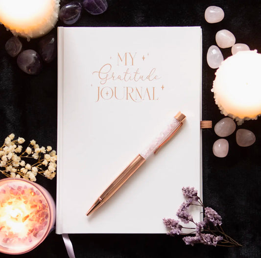 Gratitude Journal Notebook with Rose Quartz Crytal Chip Pen